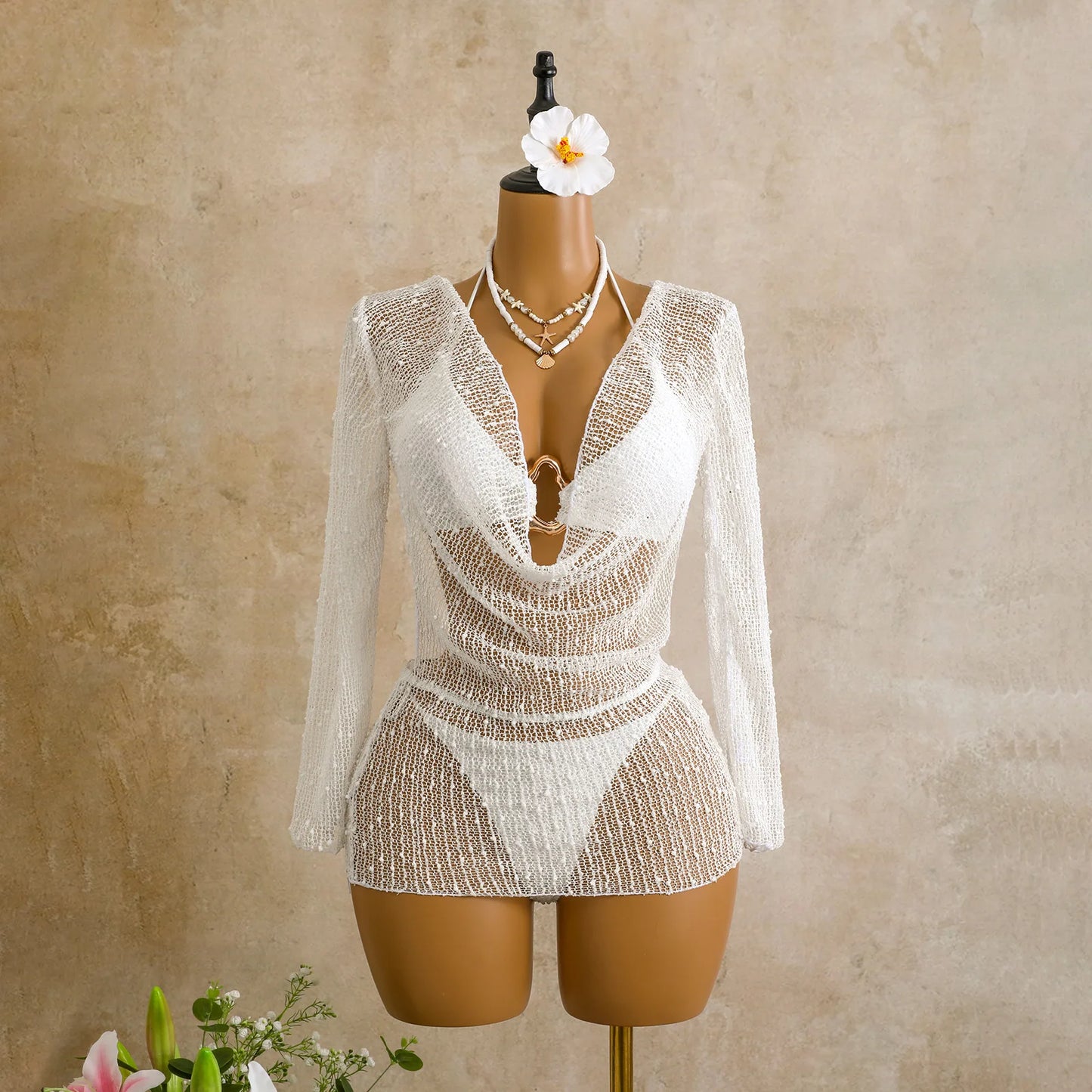 NOVO ESTOQUE Conjunto de biquíni feminino texturizado de 3 peças em 3 cores com amarração frontal em argola, modelo brasileiro, com saída de praia transparente. Tamanho P