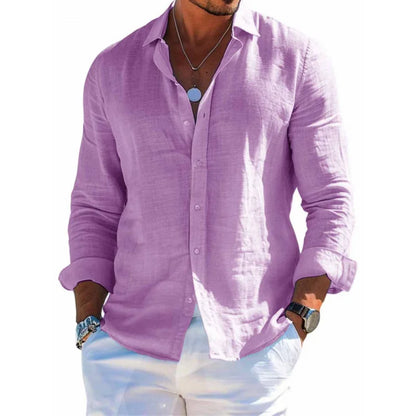 Camisa Masculina de Verão Versátil e Lisa – Estilo Casual/Praia, Manga Longa, Gola Clássica e Modelagem Slim Fit