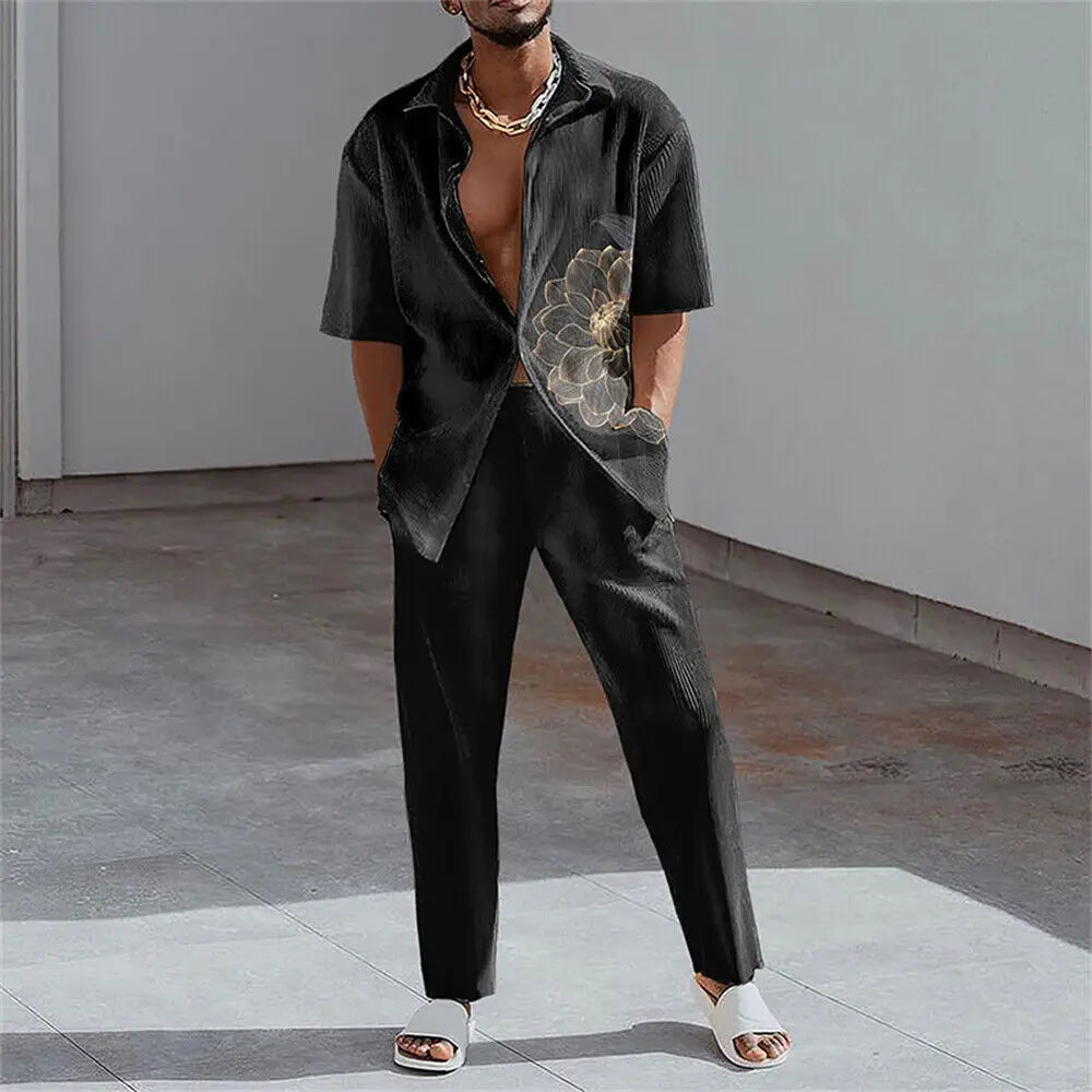 Conjunto Casual Esportivo (Tamanhos P a 5GG): Camisa de Manga Curta com Lapela e Calça Larga – Tendência e Estilo