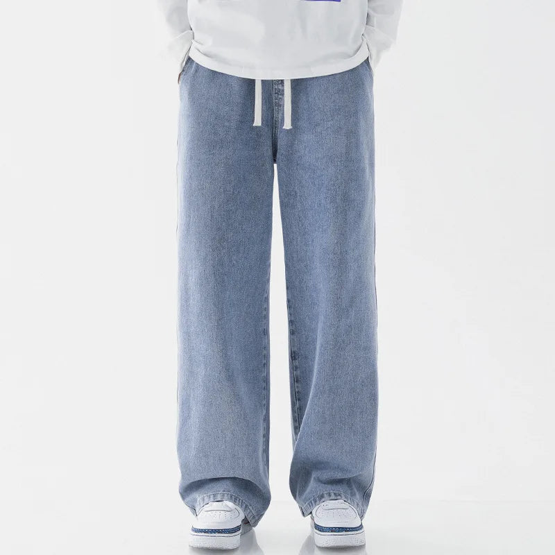 Calça Jeans Masculina de Verão, Corte Reto e Amplo (Wide Leg), Cintura Elástica, Estilo Streetwear, Tecido Leve