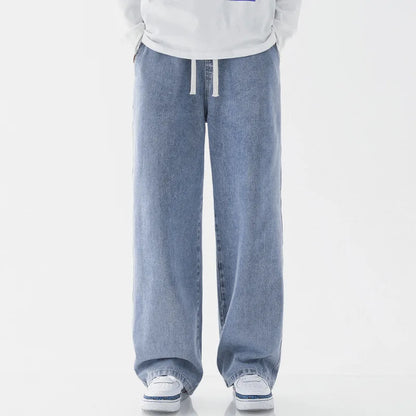 Calça Jeans Masculina de Verão, Corte Reto e Amplo (Wide Leg), Cintura Elástica, Estilo Streetwear, Tecido Leve