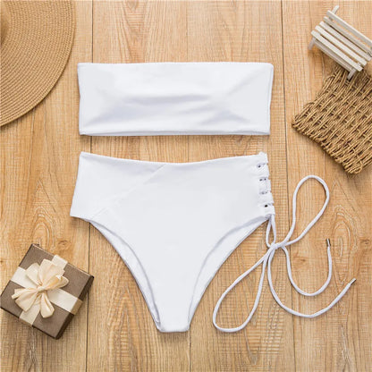 Maiô branco push-up, modelo tomara que caia, coleção verão 2023, conjunto de biquíni sexy para praia, cintura alta, cor sólida, para mulheres.