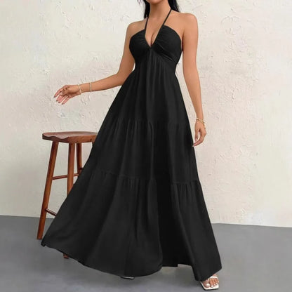 Vestido de Praia Feminino – 4 Cores – Decote em V, Sem Mangas, Longo (Maxi), Tamanho Plus Size – P ao GG (S-2XL)