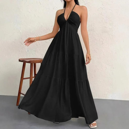 Vestido de Praia Feminino – 4 Cores – Decote em V, Sem Mangas, Longo (Maxi), Tamanho Plus Size – P ao GG (S-2XL)