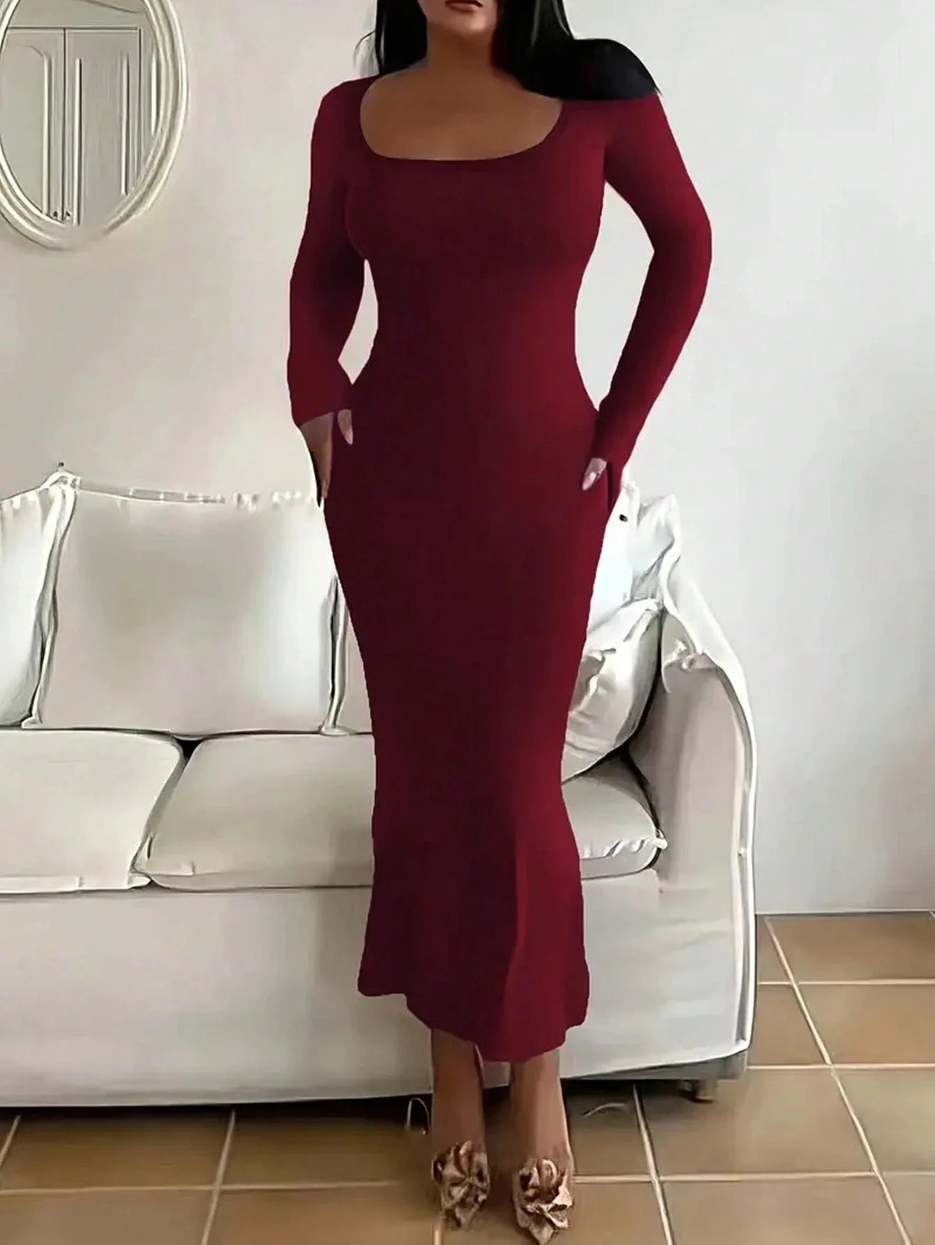 Novo vestido feminino sereia de corte reto para outono e inverno na Europa e nos Estados Unidos.