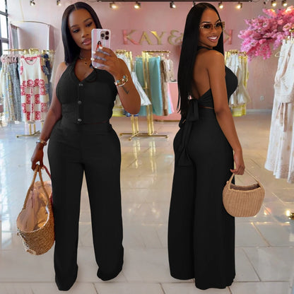 Conjunto feminino casual de duas peças: blusa frente única com amarração, botões e cor sólida + calça soltinha (tendência de verão)