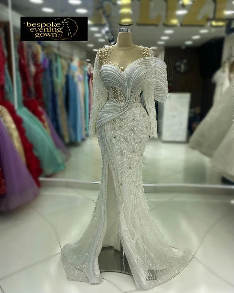 Vestido de festa elegante estilo europeu-americano, modelo sereia de manga longa e comprimento até o chão, com visual sexy — personalização do fabricante para tapete vermelho.