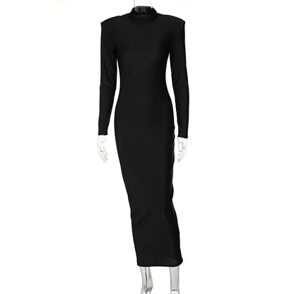 Vestido midi de gola alta, justo ao corpo, para outono e inverno, feminino, casual, manga longa, tamanhos P, M, G e plus size. Vestido slim elástico, preto, azul e verde.
