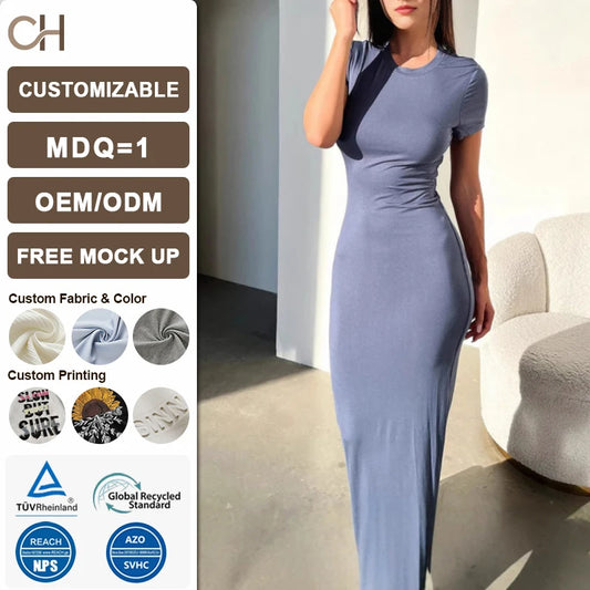Vestido midi feminino de cor sólida, justo ao corpo, manga curta, elegante, macio, versátil para primavera/verão, ideal para festas, ocasiões casuais e uso diário.