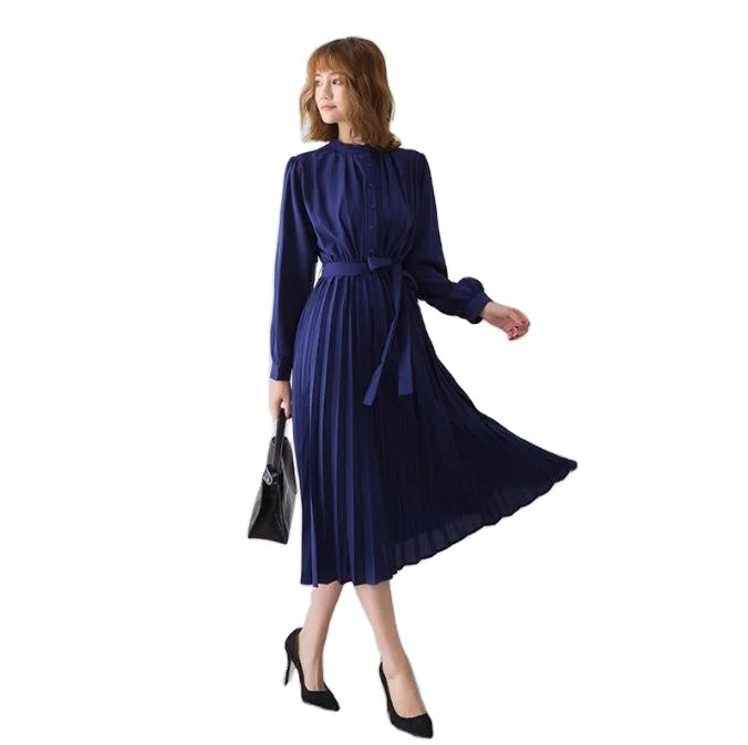 Women's Minimalist Long Sleeve Solid Color Stand up Collar Tie up Waist Pleated Women's Clothes Casual Loose Fitting Dress