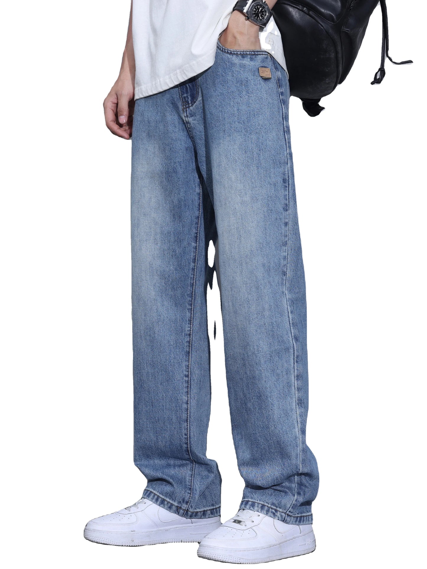 Calça Jeans Masculina de Verão, Corte Reto e Ajustado (Mid Slim Fit), Cor Sólida, Secagem Rápida, Leve e Confortável – Tendência de Moda Casual