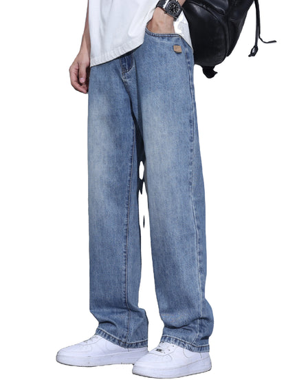 Calça Jeans Masculina de Verão, Corte Reto e Ajustado (Mid Slim Fit), Cor Sólida, Secagem Rápida, Leve e Confortável – Tendência de Moda Casual