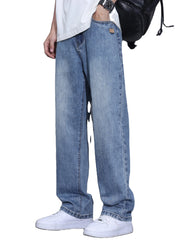 Calça Jeans Masculina de Verão, Corte Reto e Ajustado (Mid Slim Fit), Cor Sólida, Secagem Rápida, Leve e Confortável – Tendência de Moda Casual