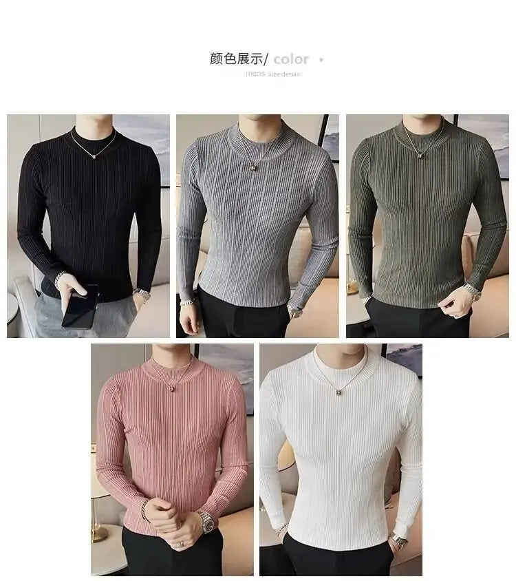 Suéter Masculino Listrado Versátil de Manga Longa e Gola Média (Slim Fit)