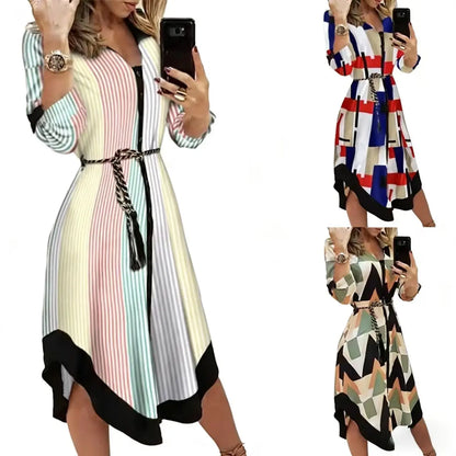 Novo vestido longo feminino de outono com estampa geométrica, decote em V, estilo camisa color block, com laço na lapela e barra assimétrica.