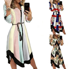 Novo vestido longo feminino de outono com estampa geométrica, decote em V, estilo camisa color block, com laço na lapela e barra assimétrica.