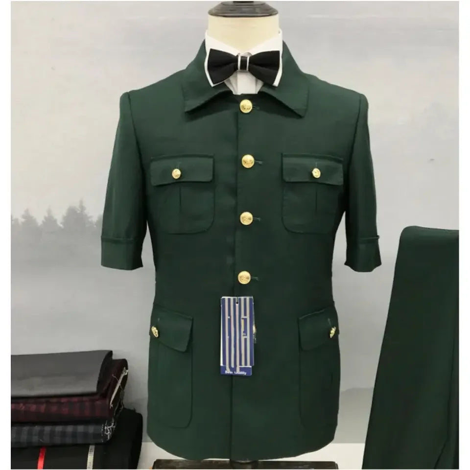 Conjunto de Terno Masculino Estilo Safári Marrom (2 Peças): Blazer de Verão Manga Curta e Calça – Ideal para Casamentos, Noivos, Festas e Eventos – Modelagem Regular Fit