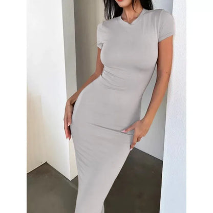 Vestido midi feminino de cor sólida, justo ao corpo, manga curta, elegante, macio, versátil para primavera/verão, ideal para festas, ocasiões casuais e uso diário.