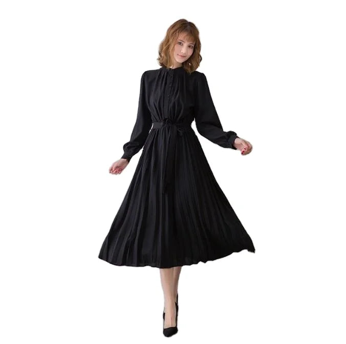 Women's Minimalist Long Sleeve Solid Color Stand up Collar Tie up Waist Pleated Women's Clothes Casual Loose Fitting Dress
