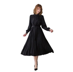 Women's Minimalist Long Sleeve Solid Color Stand up Collar Tie up Waist Pleated Women's Clothes Casual Loose Fitting Dress