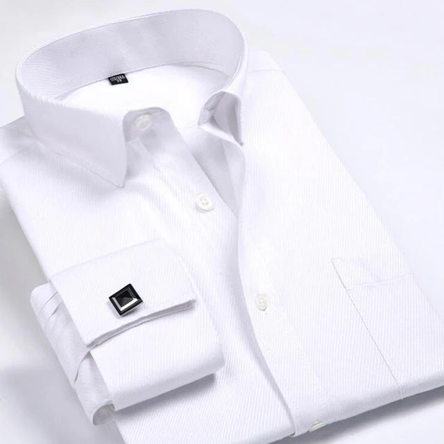 Camisa masculina clássica francesa com punhos listrados, bolso único, ajuste padrão, camisas de casamento de manga comprida (abotoaduras incluídas)