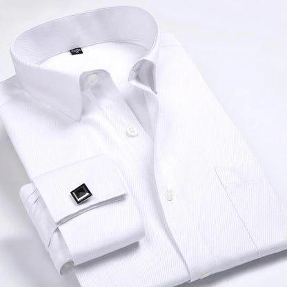 Camisa masculina clássica francesa com punhos listrados, bolso único, ajuste padrão, camisas de casamento de manga comprida (abotoaduras incluídas)