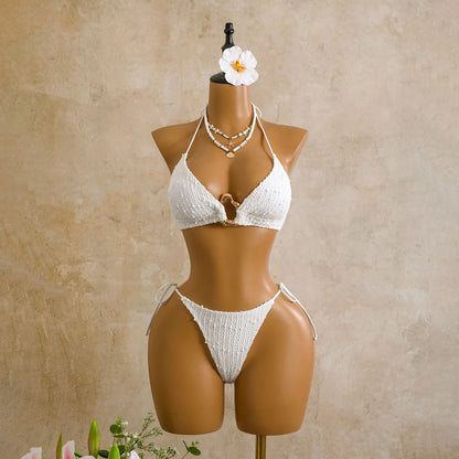NOVO ESTOQUE Conjunto de biquíni feminino texturizado de 3 peças em 3 cores com amarração frontal em argola, modelo brasileiro, com saída de praia transparente. Tamanho P