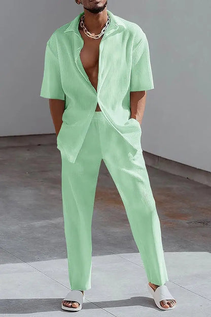 Conjunto Casual Esportivo (Tamanhos P a 5GG): Camisa de Manga Curta com Lapela e Calça Larga – Tendência e Estilo