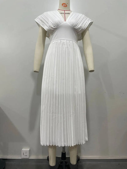 Novos Vestidos Longos Femininos Plissados com Decote em V e Cor Sólida – Sehe Fashion