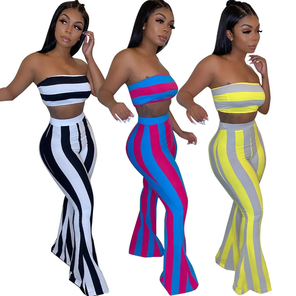 Conjunto de roupa feminina listrada, 2 peças, crop top, calças, conjunto de roupas de verão sexy para mulheres