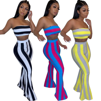 Conjunto de roupa feminina listrada, 2 peças, crop top, calças, conjunto de roupas de verão sexy para mulheres