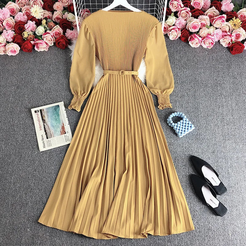 Pleated Dress Pleat and Waisted Slimming Elegant Slightly Mature Style Women's Clothing Spring New Premium Long Casual Dress