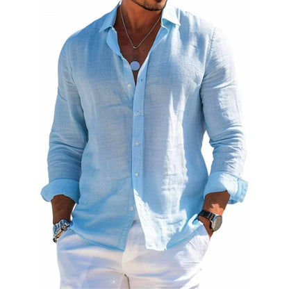 Camisa Masculina de Verão Versátil e Lisa – Estilo Casual/Praia, Manga Longa, Gola Clássica e Modelagem Slim Fit