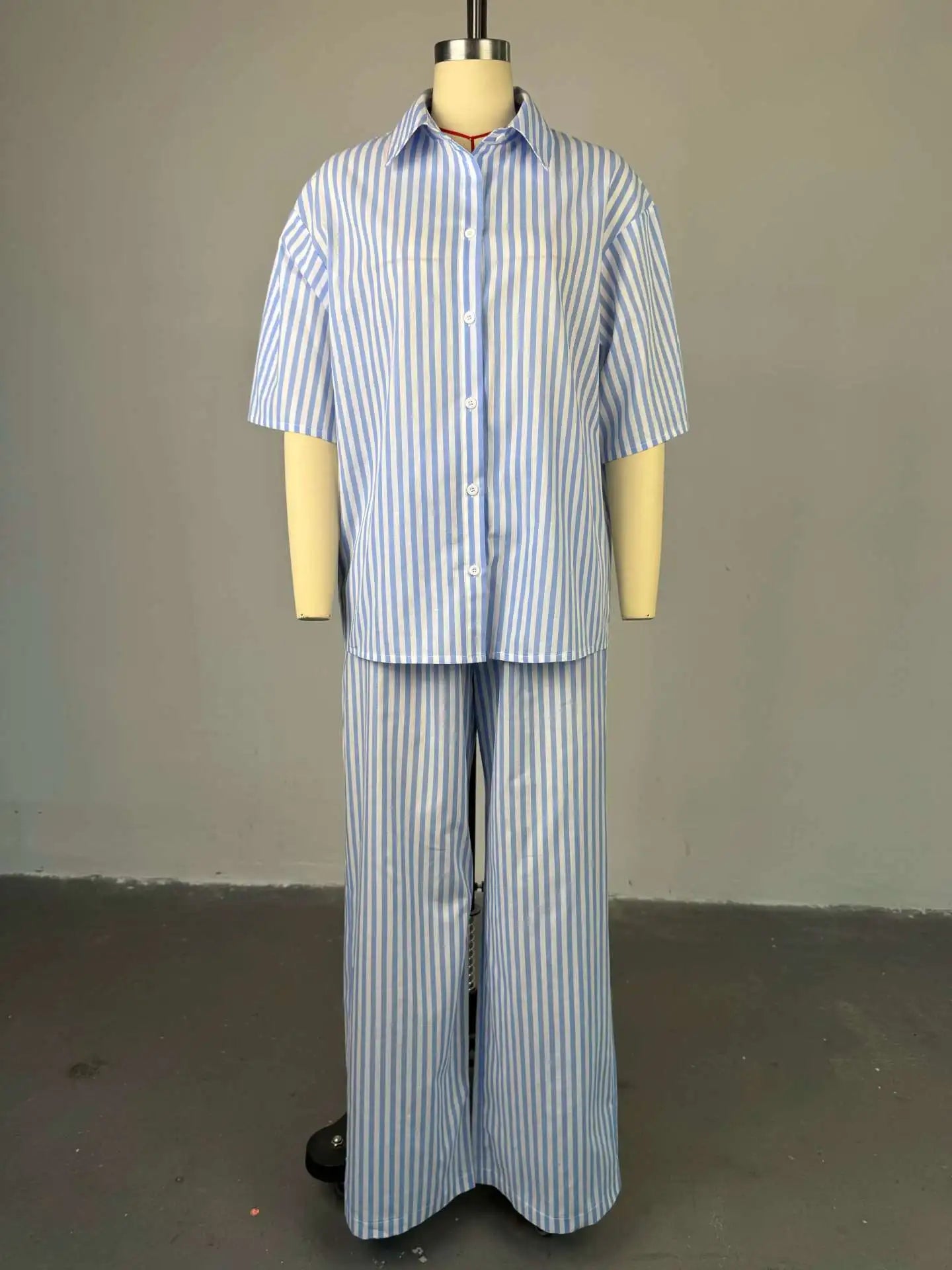 HK72246 Trendy Summer Outfits for Women Lapel Half Sleeve Striped Shirt and High Waist Pants Set Two Piece Set Women Clothing