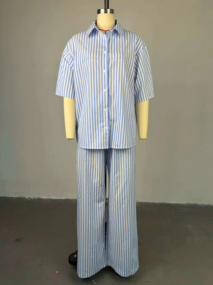 HK72246 Trendy Summer Outfits for Women Lapel Half Sleeve Striped Shirt and High Waist Pants Set Two Piece Set Women Clothing