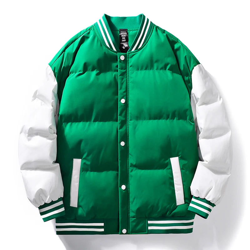 Jaqueta Masculina de Inverno Estilo Varsity/Baseball (Puffer) – Corta-vento, Acolchoada com Algodão e Personalizável com Bordado
