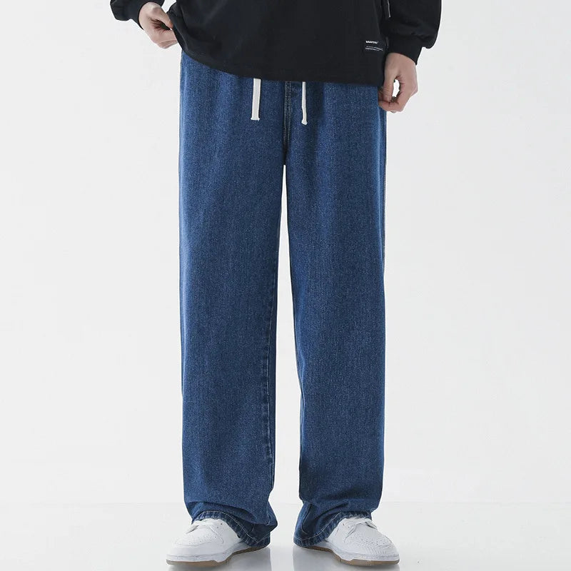 Calça Jeans Masculina de Verão, Corte Reto e Amplo (Wide Leg), Cintura Elástica, Estilo Streetwear, Tecido Leve