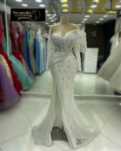 Vestido de festa elegante estilo europeu-americano, modelo sereia de manga longa e comprimento até o chão, com visual sexy — personalização do fabricante para tapete vermelho.