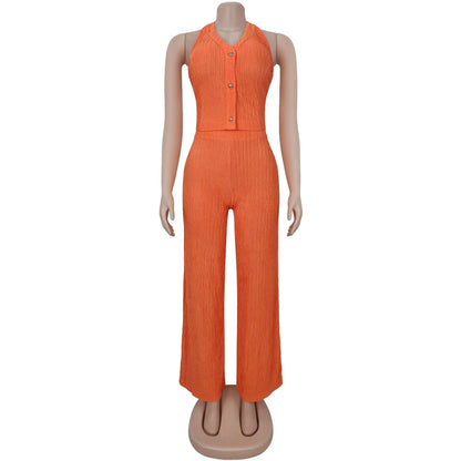 Conjunto feminino casual de duas peças: blusa frente única com amarração, botões e cor sólida + calça soltinha (tendência de verão)