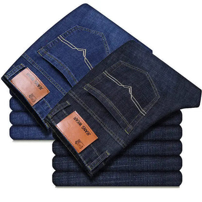 Calças de trabalho masculinas estilo casual, com elastano e alta resistência, disponíveis em tamanhos grandes (plus size) e modelos personalizados; opções de corte reto ou slim, nas cores preto e azul.
