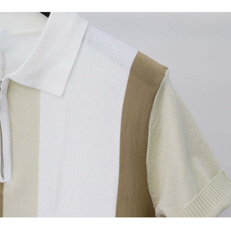 Oem Custom Logo Summer Summer Business Striped Ice Silk Half-zip Men Slim Fit Turn-down Collar Polo Shirts