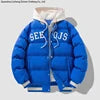 Jaqueta de Beisebol de Inverno Estilo Harajuku com Design de Camadas Sobrepostas , Acolchoada com Algodão e Plumas, Modelagem Larga, com Capuz e Proteção contra o Frio .