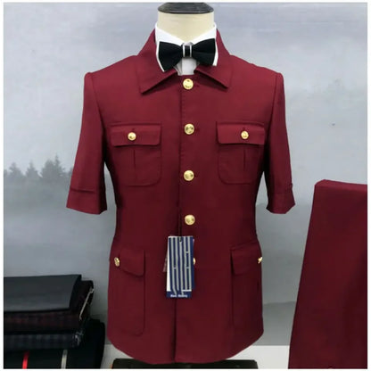 Conjunto de Terno Masculino Estilo Safári Marrom (2 Peças): Blazer de Verão Manga Curta e Calça – Ideal para Casamentos, Noivos, Festas e Eventos – Modelagem Regular Fit