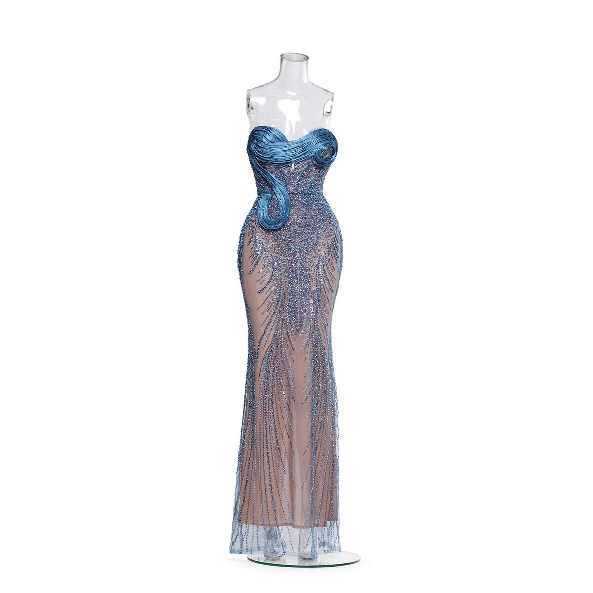 Vestido sereia de alta-costura com corpete de laços em 3D e design de lantejoulas em cascata.