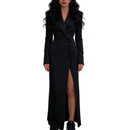 Vestido longo blazer feminino de manga comprida, elegante, com lapela, botões frontais e fenda na barra, ideal para ocasiões formais no escritório. Moda feminina Sehe.