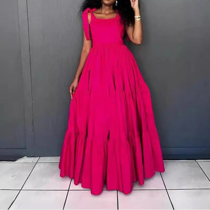 Vestido Feminino de Verão Estilo Halter com Laço, Cintura Marcada e Saia Ampla