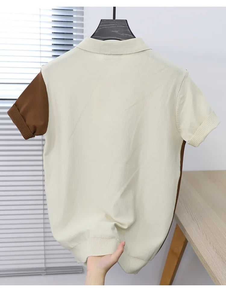 Camisa Polo Masculina de Verão com Zíper Parcial, Gola Dobrável e Modelagem Ajustada (Slim Fit) — Tecido "Ice Silk" Listrado, Personalizável com Logo (OEM)