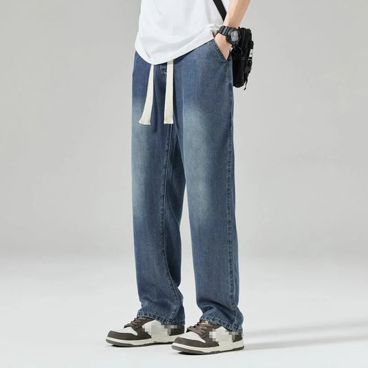 Calça Jeans Masculina Estilo Vintage, Modelagem Larga (Baggy), Cintura Média e Corte Reto/Harem – Moda Casual