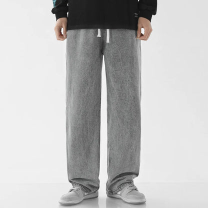 Calça Jeans Masculina de Verão, Corte Reto e Amplo (Wide Leg), Cintura Elástica, Estilo Streetwear, Tecido Leve