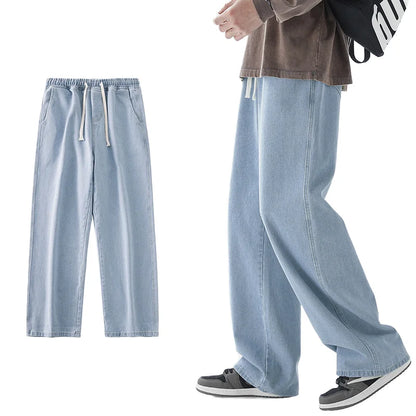 Calça Jeans Masculina de Verão, Corte Reto e Amplo (Wide Leg), Cintura Elástica, Estilo Streetwear, Tecido Leve
